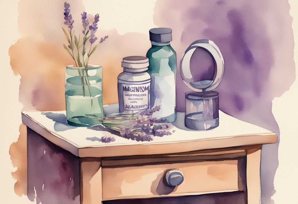 Vintage Aquarell-Illustration eines Nachttischs mit Magnesium zum Schlafen wann einnehmen, einem Glas Wasser und einer Uhr zur Schlafenszeit in Lavendelfarben.