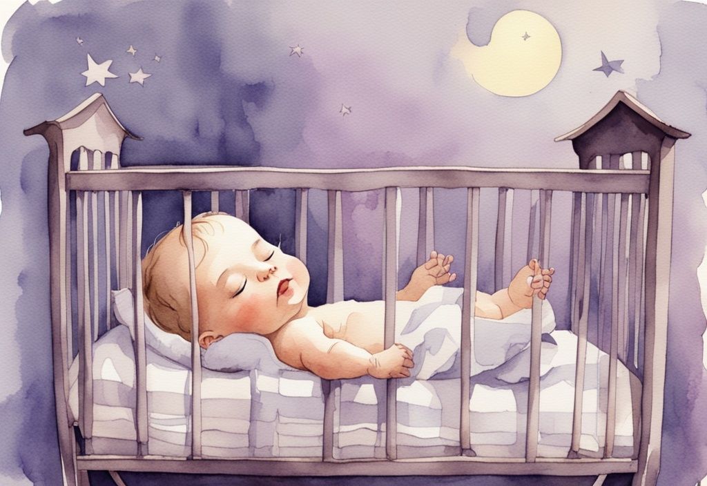 Vintage Aquarellillustration eines friedlich schlafenden Babys in einem Kinderbett, das zu demselben wachen und spielenden Baby übergeht, symbolisiert die Schlaf- und Wachphasen Baby.