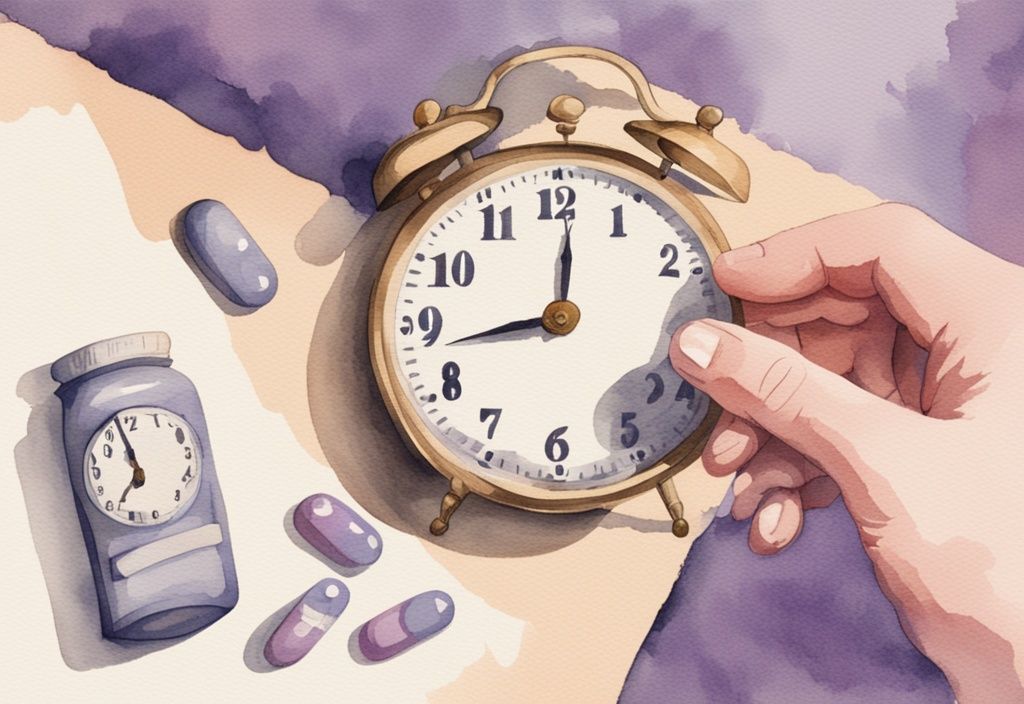 Vintage-Aquarell-Illustration einer Hand mit einer Doxepin-Pille neben einer digitalen Uhr, die Schlafenszeit anzeigt – Doxepin zum Schlafen wann einnehmen.