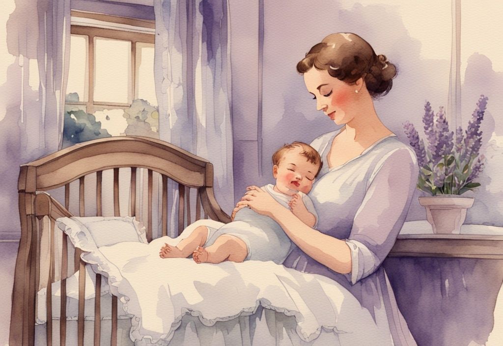 Vintage-Aquarell-Illustration einer Mutter, die ihrem Baby ein Schlaflied singt, in einem liebevoll dekorierten Kinderzimmer - wie lange Baby in den Schlaf begleiten