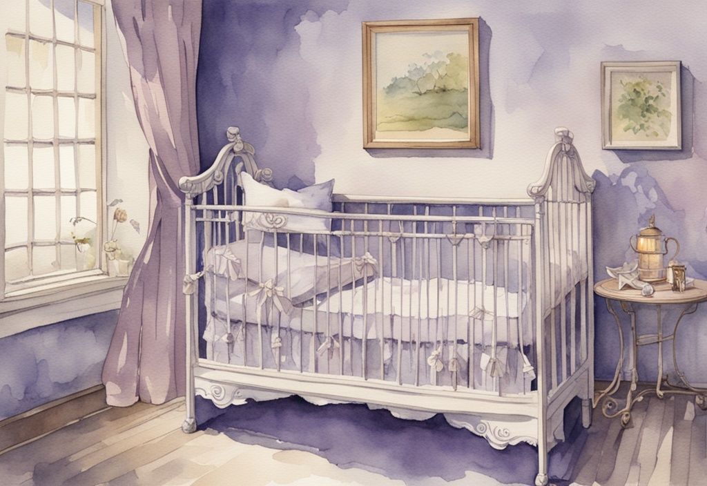 Vintage Aquarellillustration eines friedlich schlafenden Säuglings in Querlage in einem Gitterbett mit Kissen und Sicherheitsgeländern, Baby Querlage wie schlafen