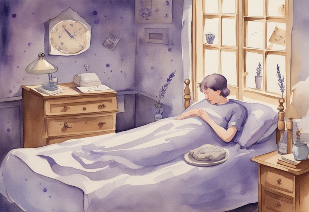 Vintage-Aquarell-Illustration einer Person, die friedlich in einem bequemen Bett schläft, während kleine Symbole von Viren und Bakterien aus ihrem Körper ausgestoßen werden; warum hilft Schlaf bei Infekten.