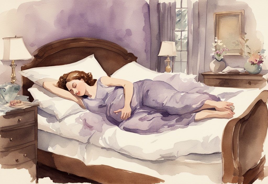 Vintage Aquarellillustration einer schwangeren Frau, die bequem auf der linken Seite im Bett liegt, unterstützt von Kissen, zeigt alternative Schlafposition während der Schwangerschaft, ab wann nicht mehr auf der rechten Seite schlafen Schwangerschaft.