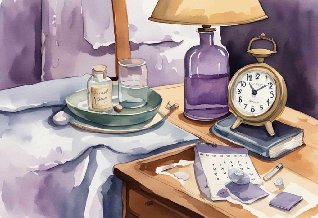 Vintage Aquarell-Illustration eines Nachttisches mit einer Flasche Wick Medinait, einem Glas, einer Uhr, die Schlafenszeit anzeigt, und einem Kalender, der angibt, Wick Medinait wie lange vor dem Schlafen einzunehmen.