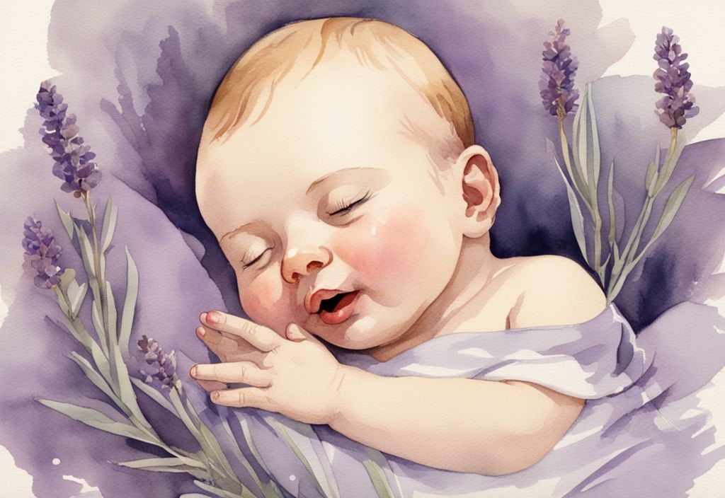 Vintage Aquarellillustration eines friedlich schlafenden Babys, das die Hand zum Mund gekrümmt hat, warum nuckeln Babys im Schlaf