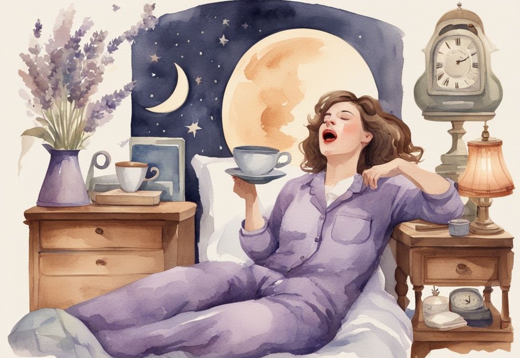 Vintage Aquarellillustration einer Frau im Pyjama, die trotz ständiger Müdigkeit viel Kaffee trinkt, umgeben von Schlafsymbolen wie Kissen, Wecker und mondförmiger Nachttischlampe, Hauptfarbthema Lavendel.