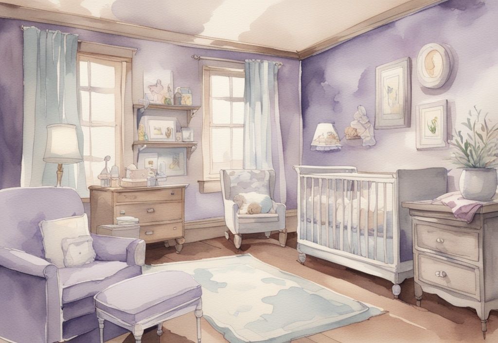 Vintage Aquarellillustration eines friedlich schlafenden Babys in einem eigenen Zimmer mit lavendelfarbenem, pastellfarbenem Kinderzimmerdekor - wann Baby im eigenen Zimmer schlafen