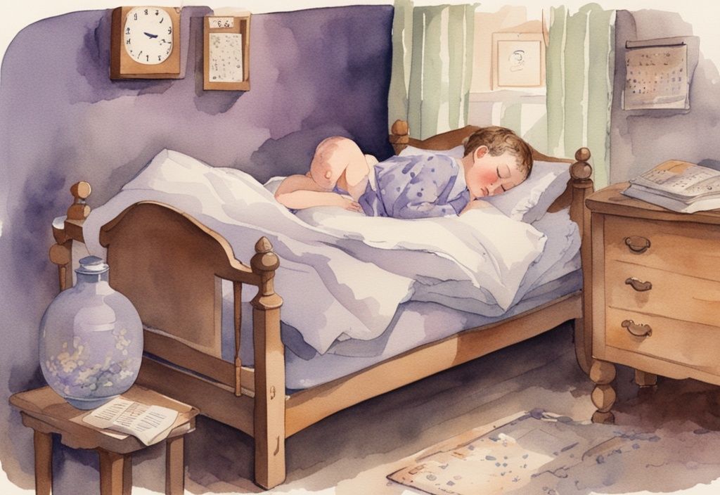 Vintage-Aquarell-Illustration eines friedlich schlafenden Kindes im eigenen Bett, mit einem Kalender im Hintergrund, der verschiedene Entwicklungsstufen von Kindern zeigt, ab wann sollten Kinder alleine schlafen