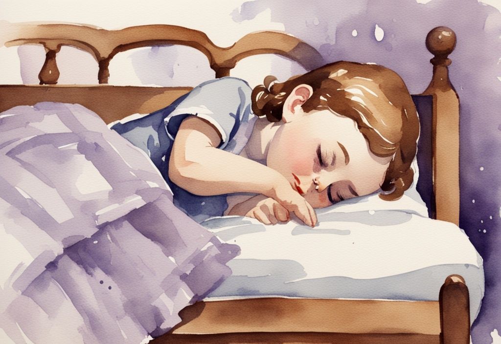 Vintage Aquarellillustration eines Kindes, das friedlich in seinem Bett schläft, mit sichtbaren Schweißperlen auf der Stirn und feuchter Bettwäsche; warum schwitzen Kinder im Schlaf