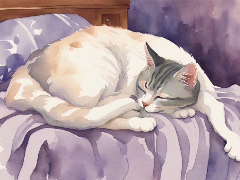 Vintage Aquarellillustration in Lavendel: Zufriedene Katze schläft auf Mensch im Bett - warum schlafen Katzen auf Menschen