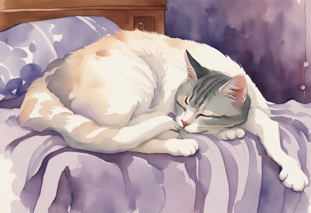 Vintage Aquarellillustration in Lavendel: Zufriedene Katze schläft auf Mensch im Bett - warum schlafen Katzen auf Menschen