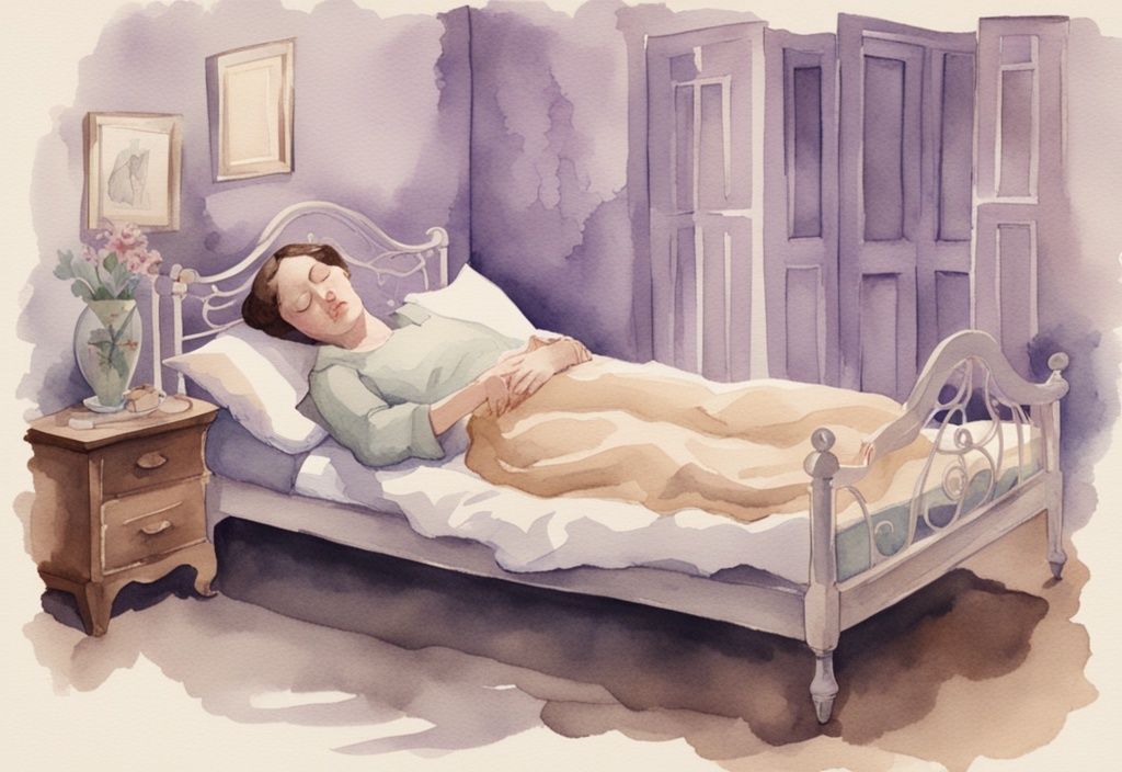 Vintage-Aquarellillustration einer Person im Bett, die im Schlaf leise stöhnt, mit Lavendelfarben; warum stöhnt man im Schlaf.