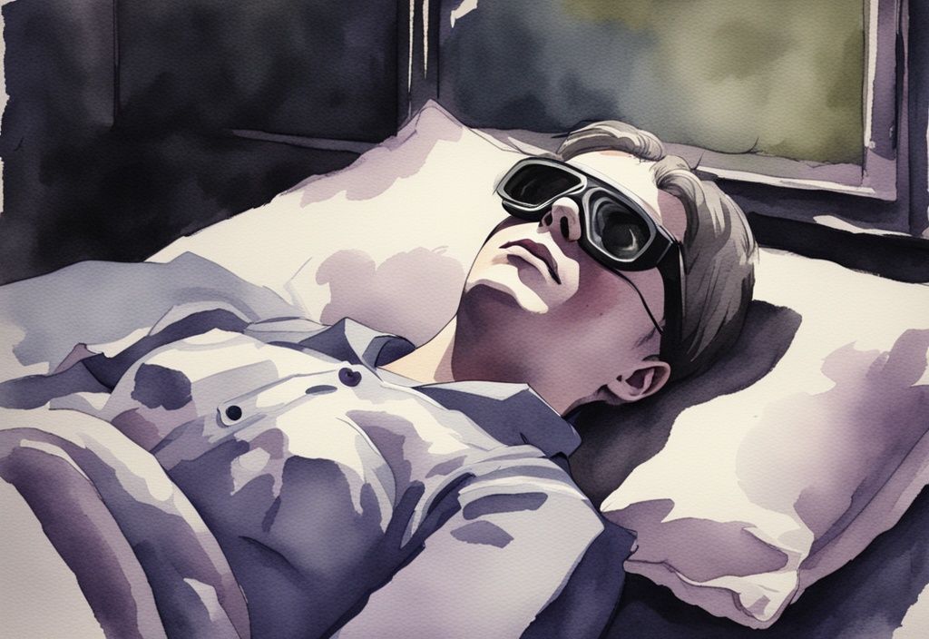 Vintage-Aquarell-Illustration einer Person mit postoperativer Schutzbrille, die in einem dunklen Raum auf einem speziellen Kissen bequem auf dem Rücken schläft, wie schlafen nach Grauer-Star-OP.