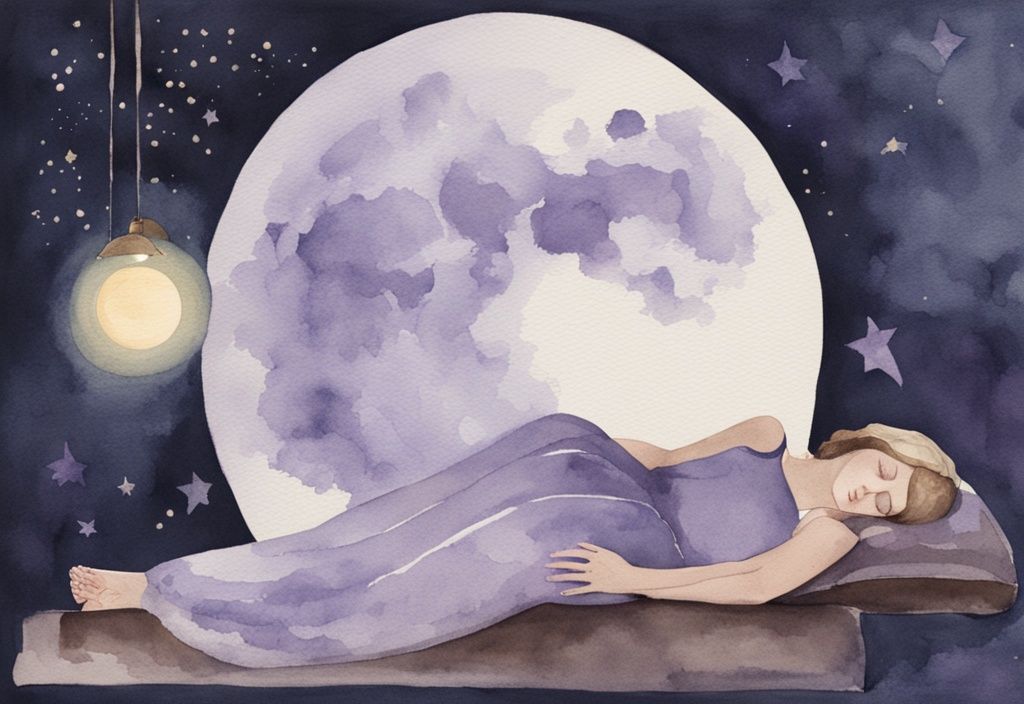 Vintage Aquarellillustration einer Person, die in einem dunklen Raum friedlich schläft, beleuchtet vom Vollmond, der Schatten wirft und verschiedene Mondphasen andeutet; Auswirkung der Mondphase auf den Schlaf.