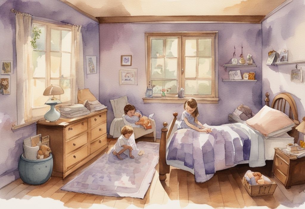 Vintage-Aquarell-Illustration eines gemütlichen Kinderzimmers in Lavendeltönen, in dem ein Kleinkind friedlich unter einer Decke schläft, umgeben von Bildern, die den Übergang vom Säugling zum Kleinkind zeigen; ab wann schlafen Kinder mit Decke.