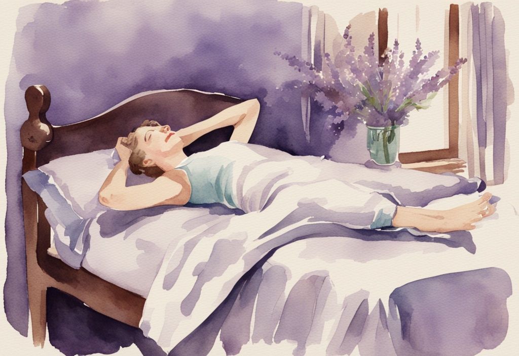 Vintage Aquarell-Illustration einer Person, die entspannt im Bett liegt und im Schlaf den Hüftbeuger dehnt, Hauptfarbthema Lavendel.