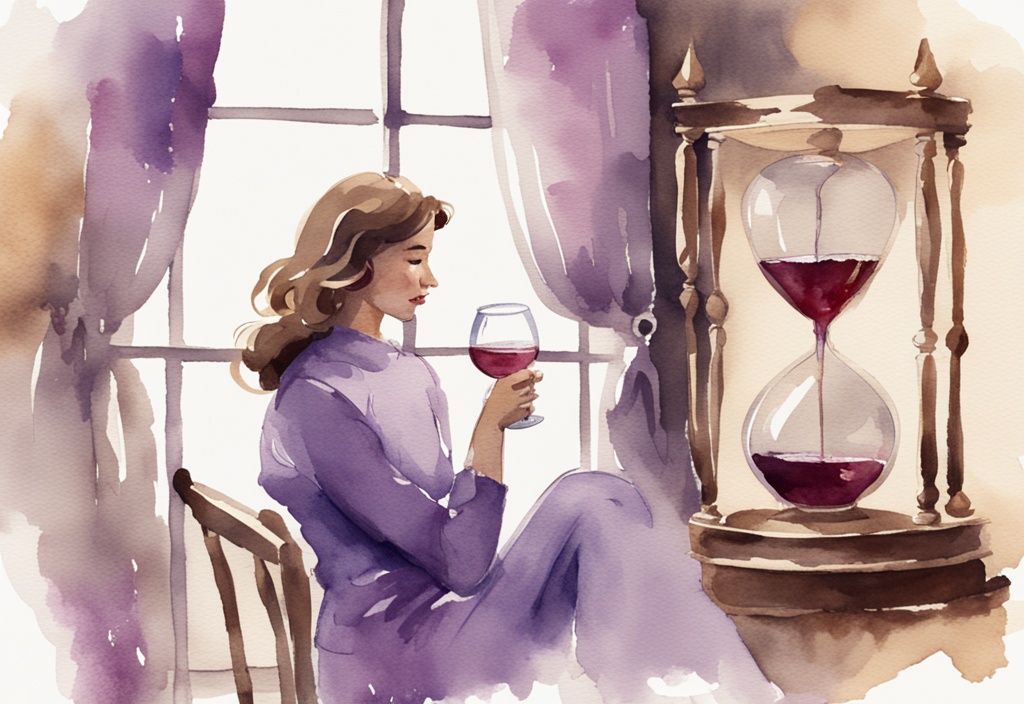 Vintage-Aquarell mit Lavendel-Farbschema: Person betrachtet Sanduhr und hält ein Glas Wein, symbolisiert "wie lange vor dem Schlafen nichts trinken".