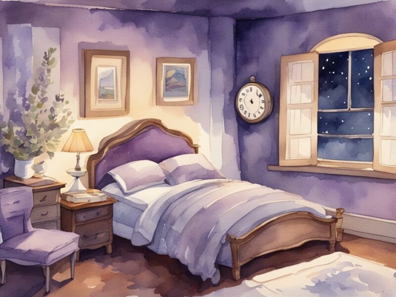 Vintage-Aquarellillustration eines friedlichen Schlafzimmers bei Nacht, digitaler Wecker zeigt ideale Schlafenszeit, Person geht ins Bett, dezente Beleuchtung für Entspannung und wann schlafen gehen