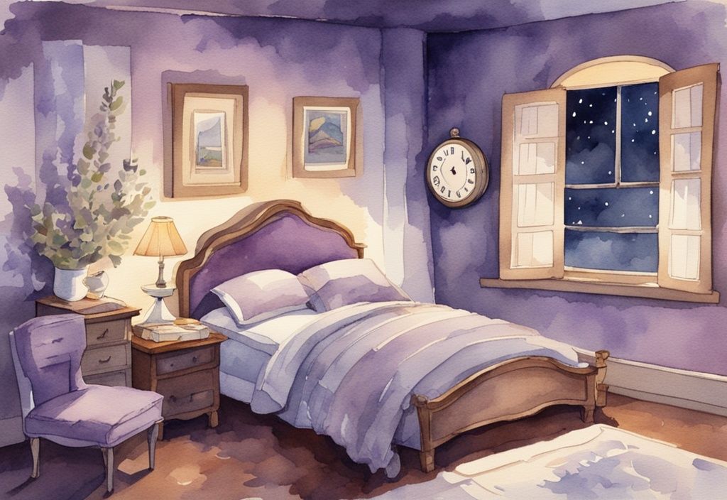 Vintage-Aquarellillustration eines friedlichen Schlafzimmers bei Nacht, digitaler Wecker zeigt ideale Schlafenszeit, Person geht ins Bett, dezente Beleuchtung für Entspannung und wann schlafen gehen