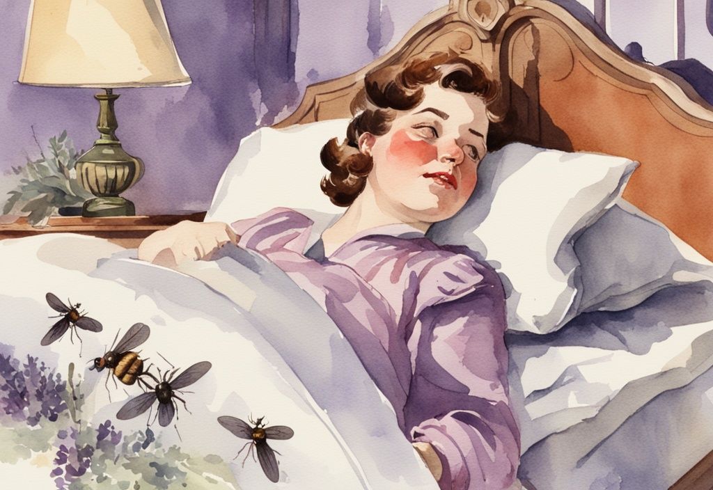 Vintage-Aquarell-Illustration einer Person im Bett mit genervtem Gesichtsausdruck, die eine Handvoll lästiger Fliegen um den Kopf wegwischt; warum nerven Fliegen beim Schlafen.