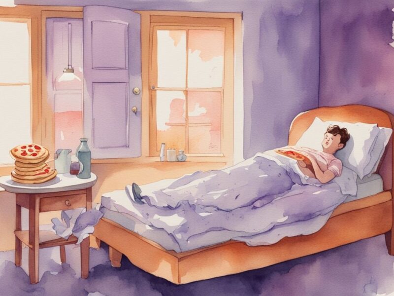 Vintage-Aquarell-Illustration in Lavendel zeigt eine Person im Bett mit halber Pizza auf dem Nachttisch und träumerischen Animationen von Verdauungsproblemen darüber, was passiert wenn man vor dem Schlafen isst.