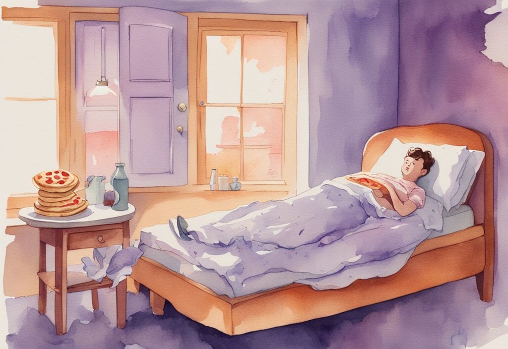 Vintage-Aquarell-Illustration in Lavendel zeigt eine Person im Bett mit halber Pizza auf dem Nachttisch und träumerischen Animationen von Verdauungsproblemen darüber, was passiert wenn man vor dem Schlafen isst.