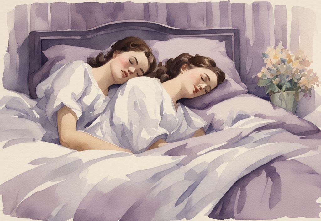 Vintage-Aquarell-Illustration von zwei Frauen, die in verschiedenen Schlafpositionen zusammen in einem Bett schlafen, Hauptfarbthema Lavendel, wie schlafen Frauen zusammen.