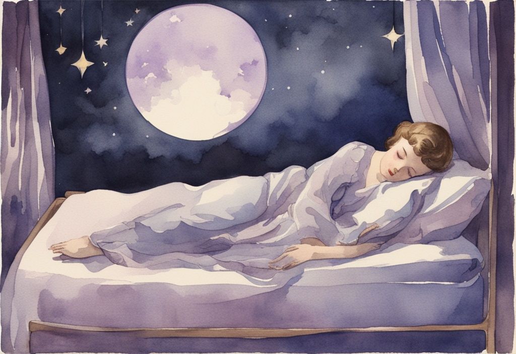 Vintage Aquarellillustration einer friedlichen Nachtszene, Person schläft im Bett unter sanftem Mondlicht, transparente Überlagerung einer aufsteigenden mystischen Seele, wie stirbt man im Schlaf.