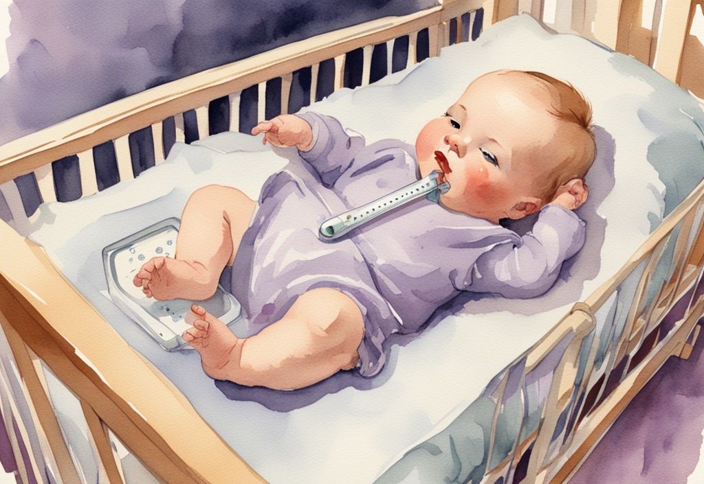 Vintage Aquarellillustration eines kranken Babys in atmungsaktiven Pyjamas, das bequem in einem Kinderbett liegt, mit einem leicht ablesbaren digitalen Thermometer in der Nähe, Baby Fieber was anziehen zum Schlafen.