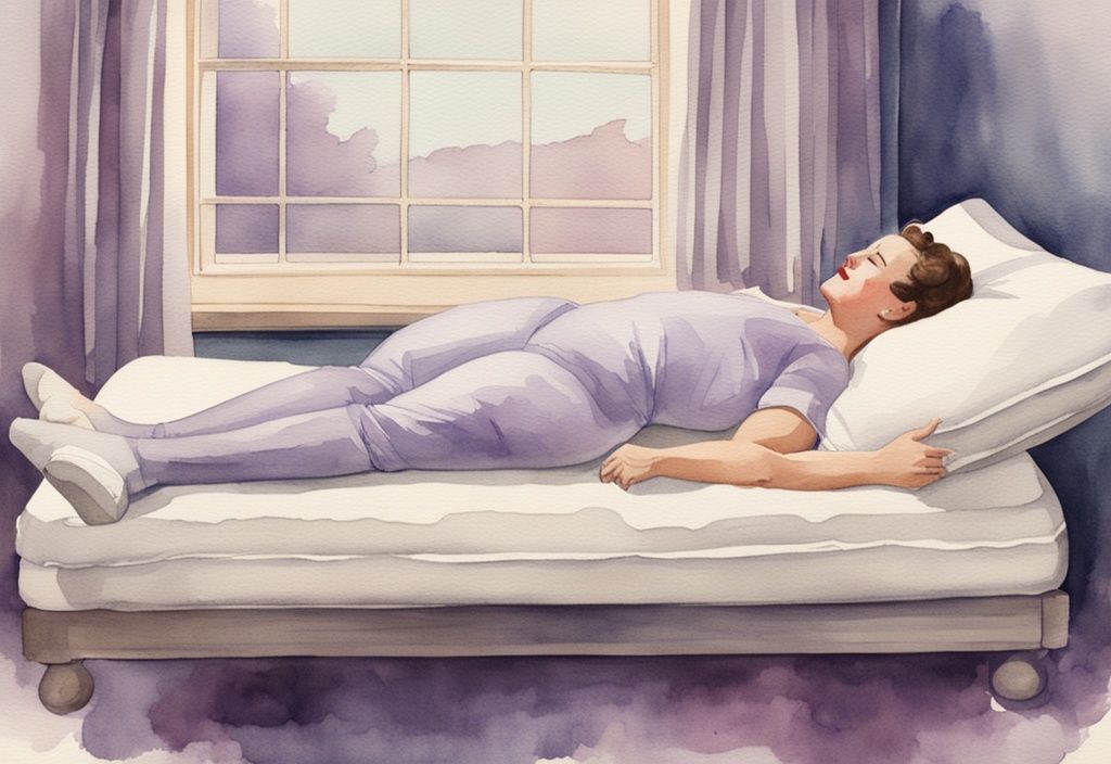 Vintage Aquarell-Illustration einer Person, die nach einer Fettabsaugung bequem im Bett liegt, mit Kissen zur Rücken- und Beinunterstützung; wie schlafen nach Fettabsaugung.