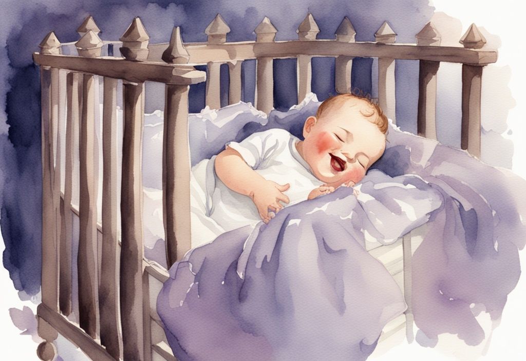 Vintage Aquarell-Illustration eines kuscheligen Babys, das im Schlaf lacht, in einem von Mondlicht beleuchteten Kinderbett mit Lavendel-Farbtönen - warum lachen Babys im Schlaf.