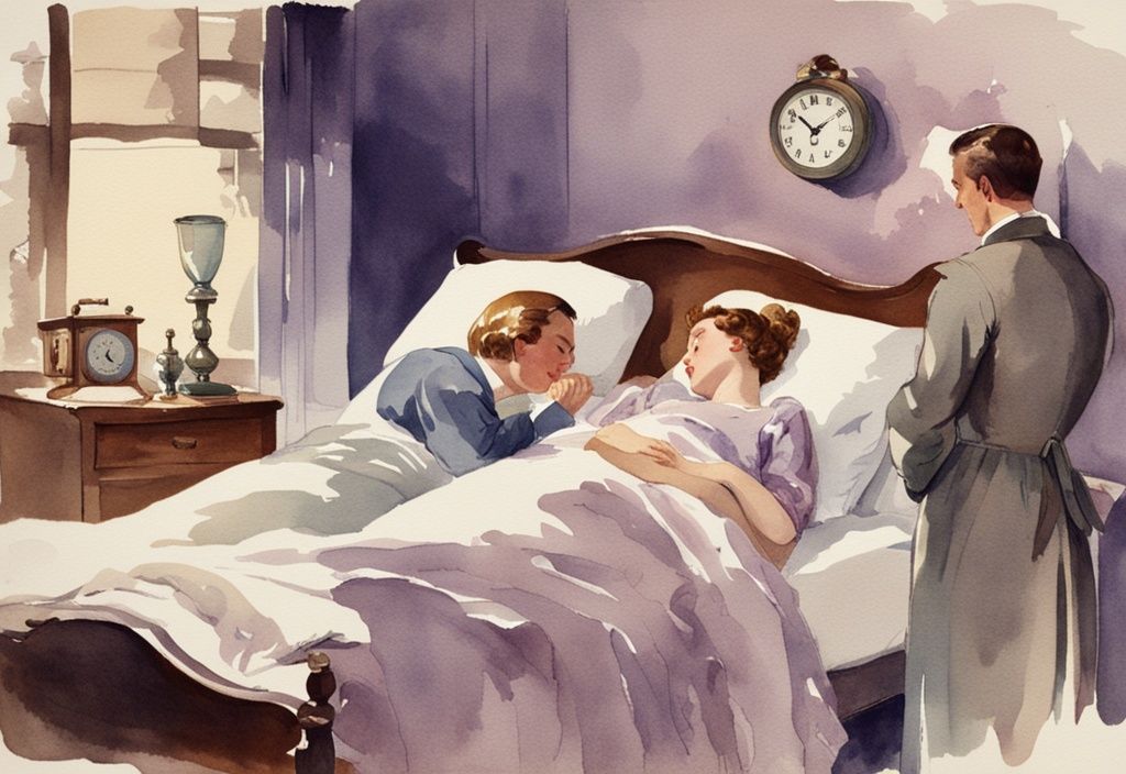 Vintage Aquarell-Illustration eines müden Mannes und einer tief schlafenden Frau in Schlafkleidung, die auf einen Wecker schaut, wer braucht mehr Schlaf Männer oder Frauen.