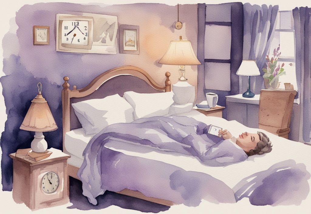 Vintage-Aquarell-Illustration einer Person im Bett, umgeben von Taschentüchern, Thermometer, heißem Getränk und Uhr, die die Stunden zeigt, um den zusätzlichen Schlafbedarf bei einer Erkältung zu betonen - wie viel Schlaf bei Erkältung.