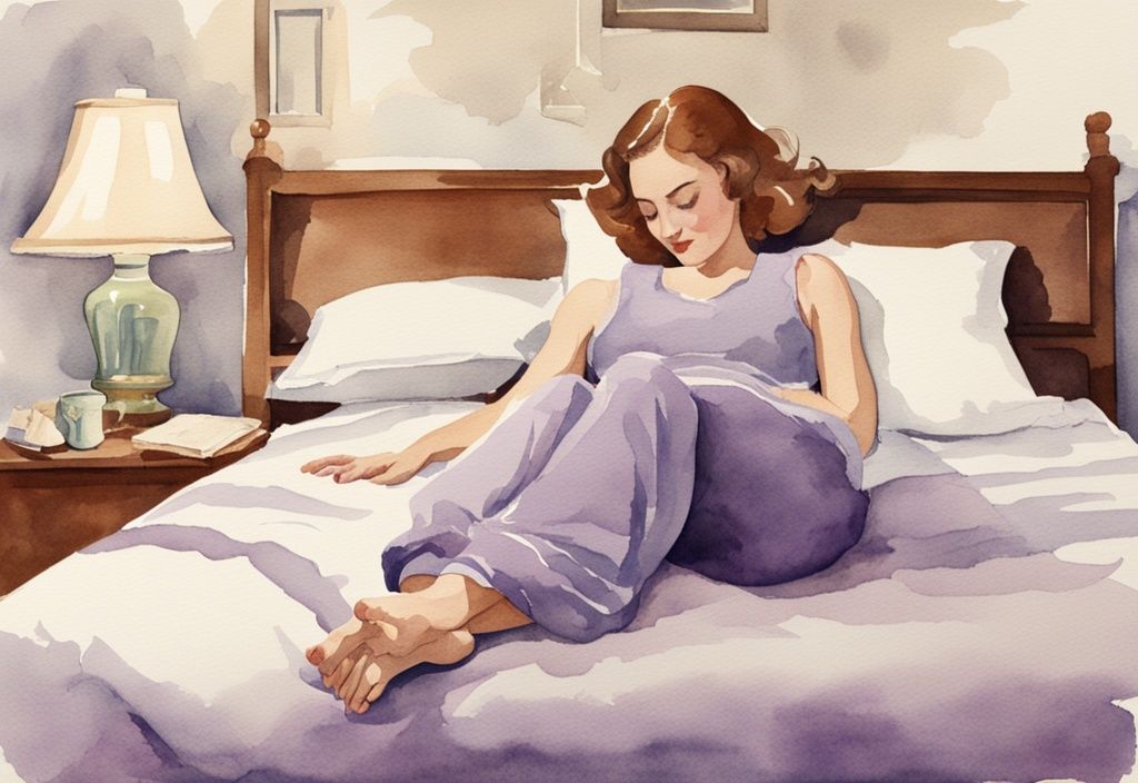 Vintage Aquarell-Illustration einer Frau in entspannter Position auf einem Bett mit mehreren Kissen zur Unterstützung von Rücken und Beinen, visuelle Tipps wie schlafen nach Gebärmutterentfernung.