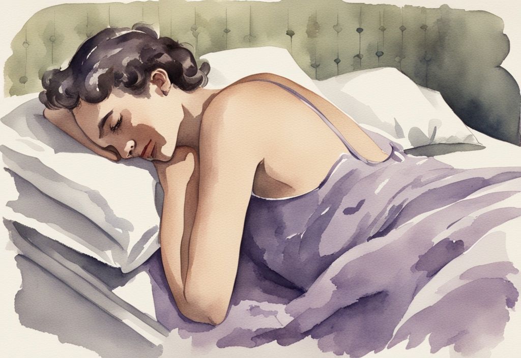 Vintage Aquarell-Illustration einer Person, die sich mit Schulterschmerzen nach Schlafen was tun im Bett massiert, mit einem Ausdruck des Unbehagens.