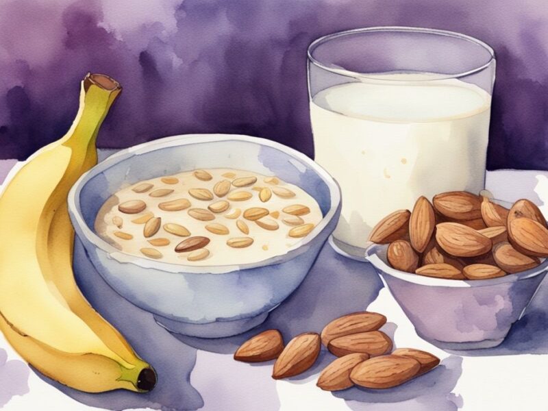 Vintage-Aquarell-Illustration eines gesunden Snacks vor dem Schlafen: Glas warme Milch, Schale mit Mandeln und Banane - was vor dem Schlafen essen.