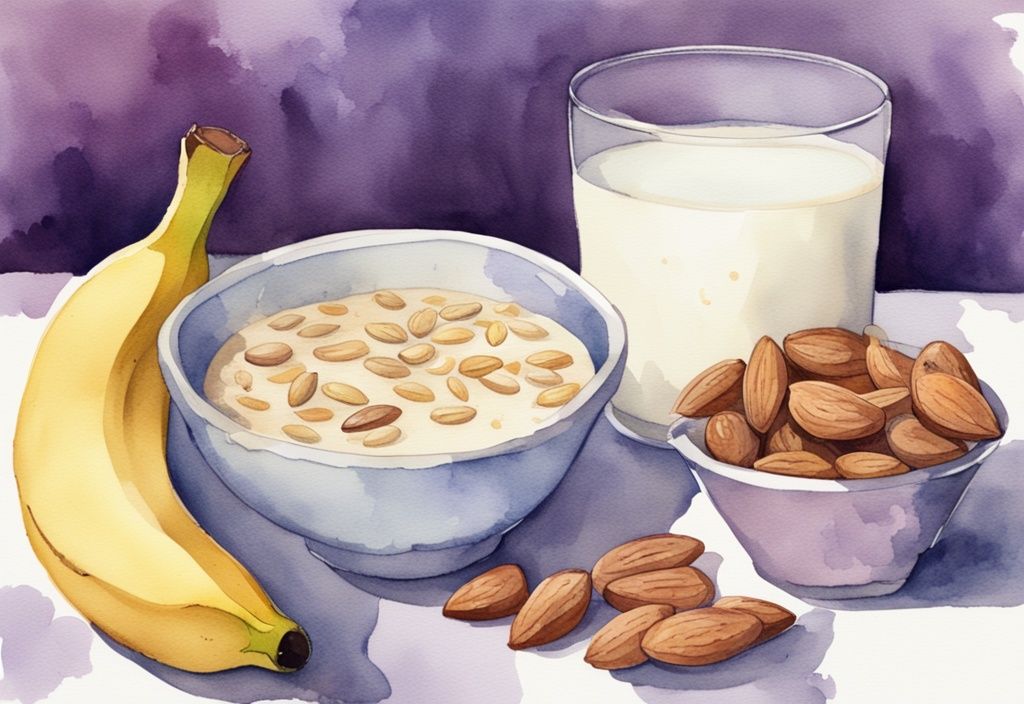 Vintage-Aquarell-Illustration eines gesunden Snacks vor dem Schlafen: Glas warme Milch, Schale mit Mandeln und Banane - was vor dem Schlafen essen.