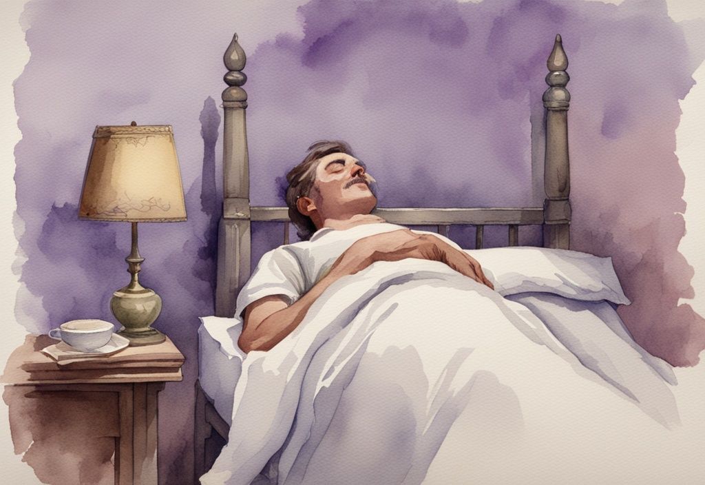 Vintage-Aquarell-Illustration eines Mannes im Bett, friedlich schlafend, jedoch mit dramatisch zuckendem Arm in der Luft, warum zucken Männer im Schlaf.