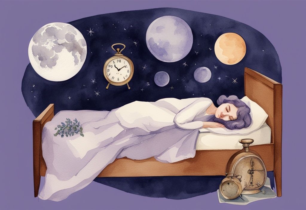 Vintage Aquarell-Illustration einer Frau, die friedlich in einem bequemen Bett schläft, mit dunklen Augenringen und wissenschaftlichen Symbolen wie Gehirn, Uhr und Mond über ihr, in Lavendelfarben.