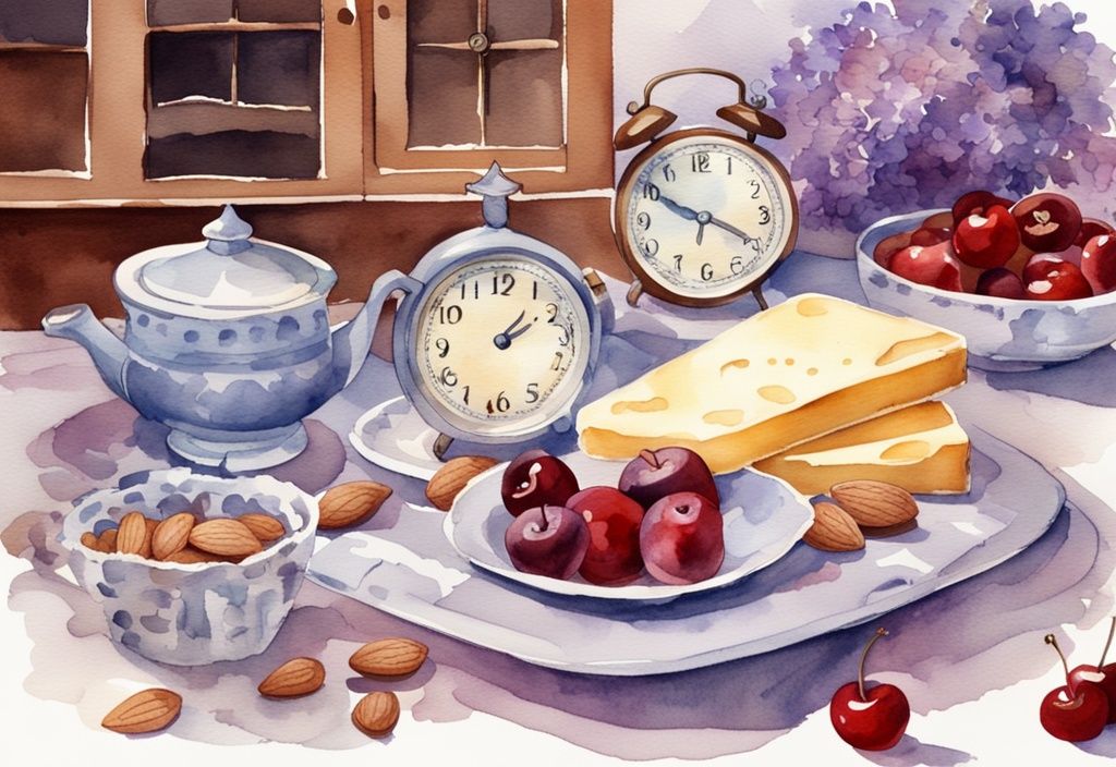 Vintage-Aquarell-Illustration mit Lavendel-Thema, einladender Tisch mit schlaffördernden Lebensmitteln wie Mandeln, Käse und Kirschen, im Hintergrund eine beruhigende, gedimmte Kulisse mit einer Vintage-Uhr zur Schlafenszeit.