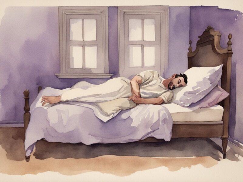 Vintage-Aquarell-Illustration eines Mannes, der friedlich im Bett schläft, während sein Arm dramatisch in der Luft zuckt - warum zucken Männer im Schlaf.