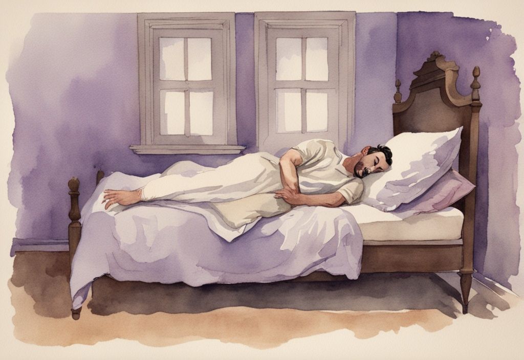 Vintage-Aquarell-Illustration eines Mannes, der friedlich im Bett schläft, während sein Arm dramatisch in der Luft zuckt - warum zucken Männer im Schlaf.