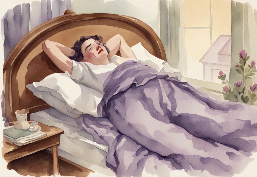 Vintage Aquarell-Illustration einer Person mit schmerzender Schulter im Bett, Hauptfarbe Lavendel.