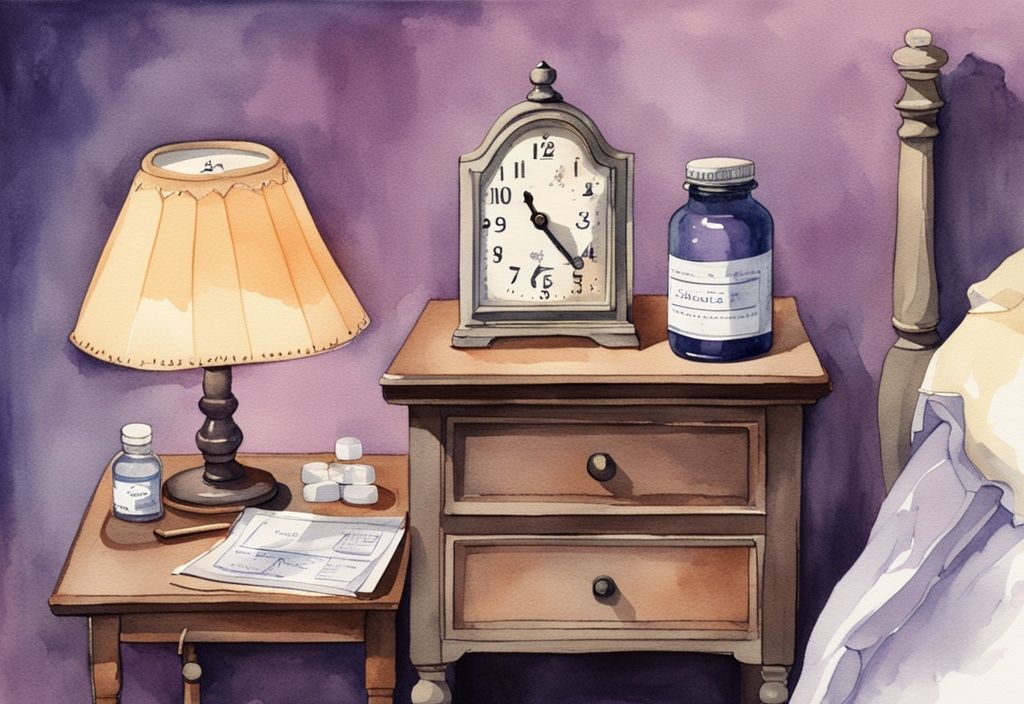 Vintage Aquarell-Illustration mit Lavendel-Farbschema, Nachttischlampe beleuchtet Trazodon-Flasche und Uhr zeigt späte Nachtzeit, ideale Einnahmezeit vor dem Schlafen.