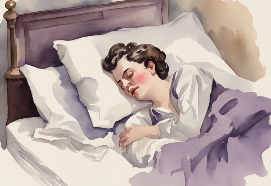 Vintage Aquarell-Illustration einer Person im Bett mit schmerzender Schulter, Hauptfarbe Lavendel.