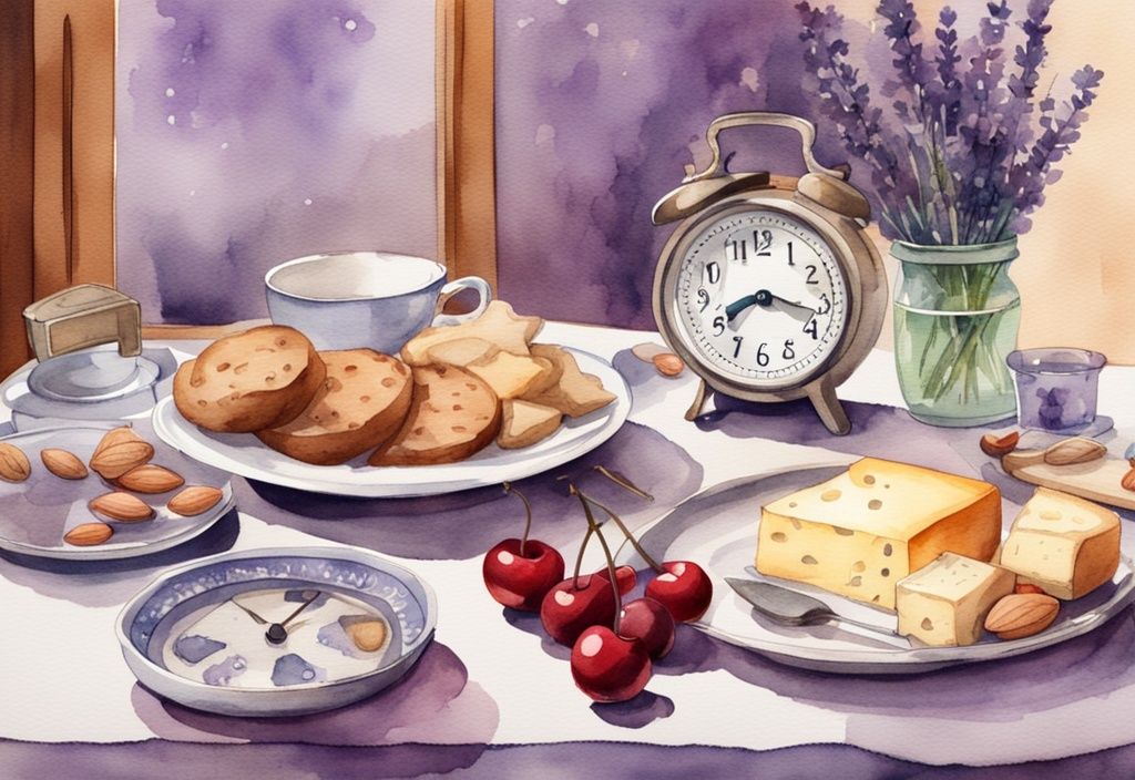 Vintage Aquarell-Illustration eines gedeckten Tisches mit schlaffördernden Lebensmitteln wie Mandeln, Käse und Kirschen, im Lavendel-Farbschema, mit beruhigendem Hintergrund und einer alten Uhr, die Schlafenszeit anzeigt