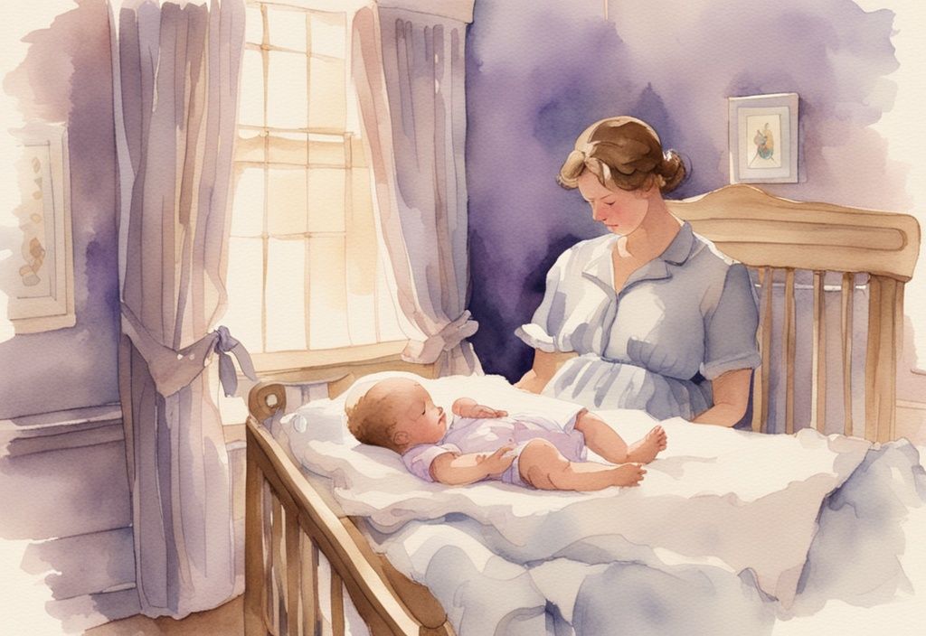 Vintage-Aquarellillustration eines neugeborenen Babys, das friedlich in einem gemütlichen Bett schläft und dann leise weint, während ein besorgter Elternteil im Hintergrund beobachtet, warum weint mein Baby im Schlaf.