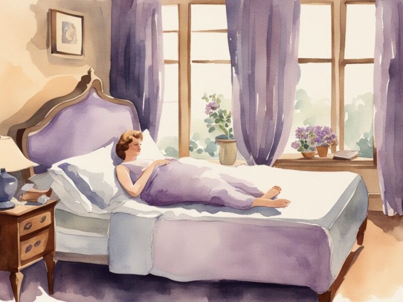 Vintage Aquarellillustration einer Frau in entspannter Position auf einem Bett mit mehreren Kissen zur Unterstützung von Rücken und Beinen, visuelle Tipps zum Thema wie schlafen nach Gebärmutterentfernung.