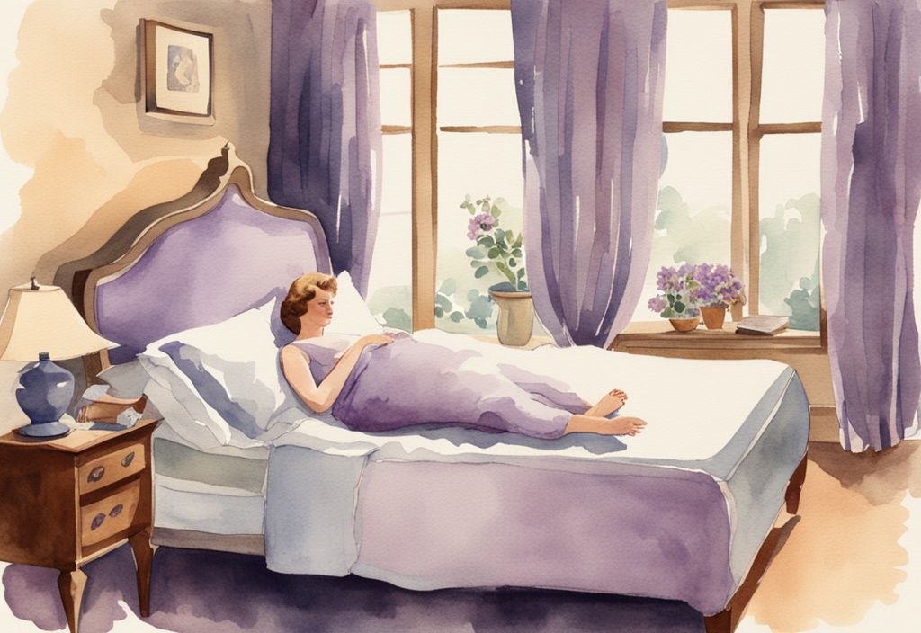 Vintage Aquarellillustration einer Frau in entspannter Position auf einem Bett mit mehreren Kissen zur Unterstützung von Rücken und Beinen, visuelle Tipps zum Thema wie schlafen nach Gebärmutterentfernung.