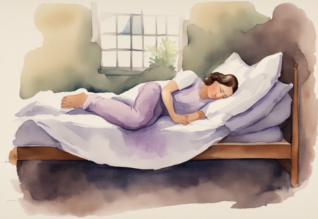 Vintage Aquarell-Illustration einer Person in Seitenlage mit Kissen zwischen den Knien, zeigt eine bequeme Schlafposition für Menschen mit Ischiasbeschwerden, wie schlafen bei Ischias.